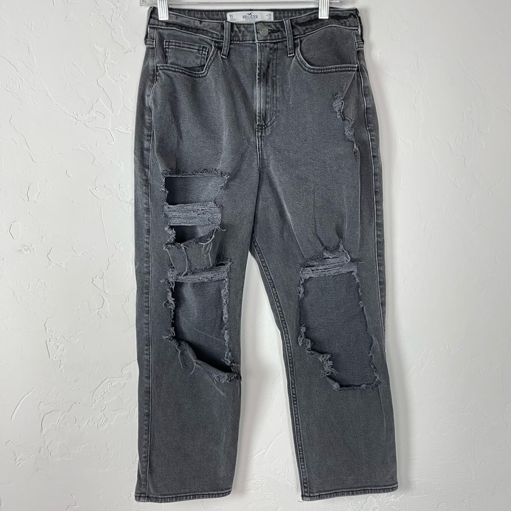 Hollister Jeans Denim Curvy Ultra High‎ Rise Vintage Straight Holes Washed Black